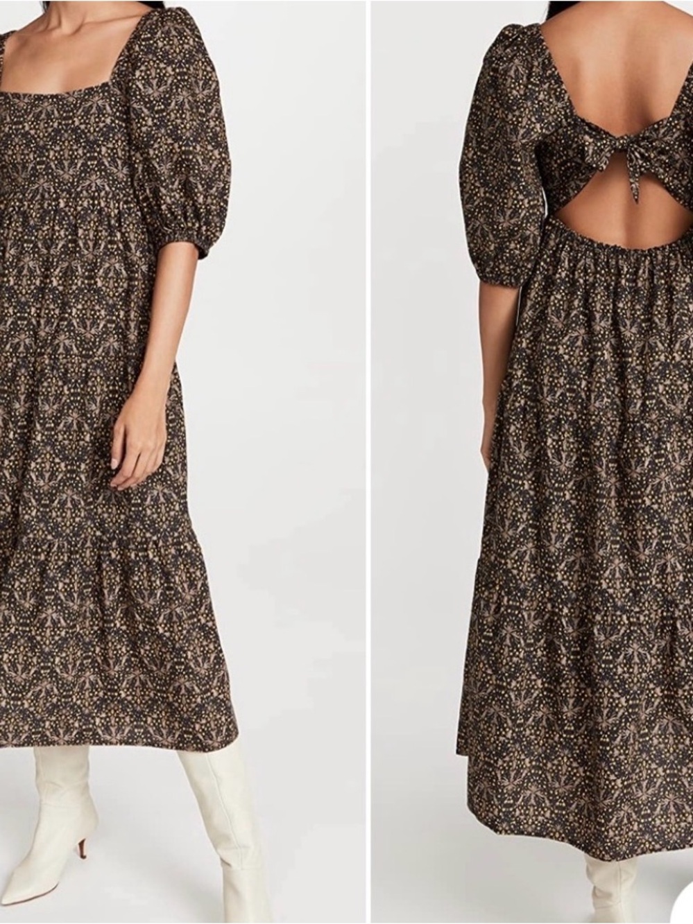MINKPINK Black Floral Puff-Sleeve Tie-Back Midi Dress